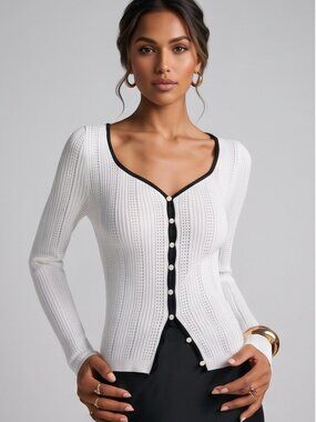 Ivory White Sweetheart Neck Pointelle Knit Top Long Sleeve